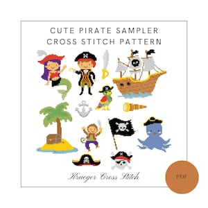 May include: A cross stitch pattern featuring a cute pirate sampler with a variety of characters and objects, including a pirate ship, a mermaid, a parrot, a monkey, an octopus, a treasure chest, a palm tree, an anchor, a telescope, and a pirate hat. The pattern is in a pixelated style and is perfect for beginners.