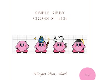Eenvoudig Kirby kruissteekpatroon PDF | Chef-kok Kirby | Tovenaar Kirby | Afgestudeerde Kirby | Gaming Cartoon Beginner Kruissteekpatroon