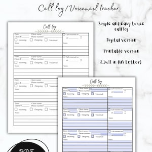 Fillable printable call log, Client tracker log, missed call log, vm call log, call tracker, vm tracker, pdf and printable bundle