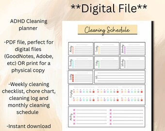 Planificador de limpieza semanal y mensual, planificador de TDAH, cronograma de limpieza de TDAH, limpieza y organización, planificador digital, tabla de tareas semanales