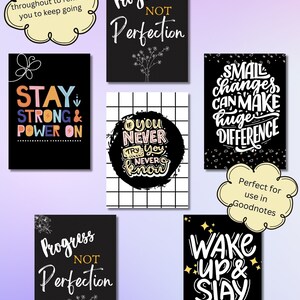 Puede incluir: Conjunto de seis tarjetas digitales de citas motivacionales con fondos negros y texto colorido. Las citas son: "Mantente fuerte y sigue adelante", "El progreso, no la perfecci&oacute;n", "Si nunca lo intentas, nunca lo sabr&aacute;s", "Los peque&ntilde;os cambios pueden hacer una gran diferencia", "El progreso, no la perfecci&oacute;n", y "Despierta y conquista".