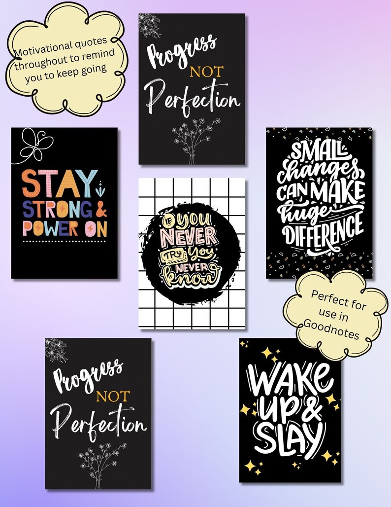 Puede incluir: Conjunto de seis tarjetas digitales de citas motivacionales con fondos negros y texto colorido. Las citas son: "Mantente fuerte y sigue adelante", "El progreso, no la perfecci&oacute;n", "Si nunca lo intentas, nunca lo sabr&aacute;s", "Los peque&ntilde;os cambios pueden hacer una gran diferencia", "El progreso, no la perfecci&oacute;n", y "Despierta y conquista".