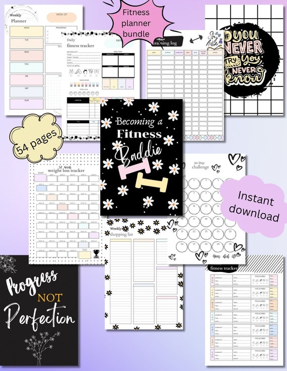Digital fitness planner, printable Health and fitness planner bundle, diet tracker, workout planner, weight Loss tracker, meal planner