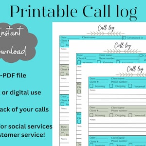 Digital printable communication log, daily call log, missed call log, call tracker