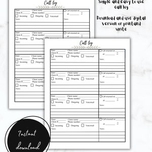 Printable call log, Client tracker log, Call log template, Conversation record sheet, missed call log, communication log, vm call log