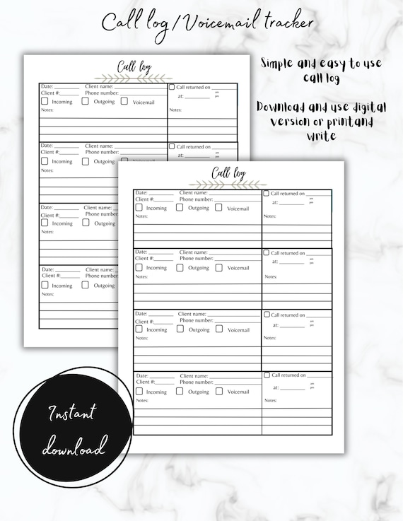 Printable call log, Client tracker log, Call log template, Conversation record sheet, missed call log, communication log, vm call log