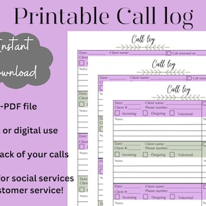Printable call log, Client tracker log, Call log template, &#39; Conversation record sheet- Purple, missed call log, communication log