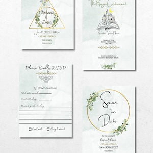 May include: A wedding invitation suite with a Harry Potter theme. The main invitation features a gold triangle with a wreath of greenery and the couple's names. The RSVP card has a space for guests to indicate their attendance. The save the date card features a gold circle with greenery and the text "Save the Date".