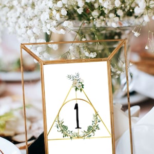 Puede incluir: Un triángulo dorado con un círculo en su interior, rodeado de vegetación, con el número "1" en el centro. La imagen está impresa en una tarjeta blanca y se muestra en un marco de vidrio dorado.