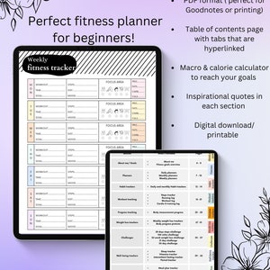 Puede incluir: Un planificador de seguimiento de fitness semanal imprimible con una tabla de contenido, una calculadora de macros y calor&iacute;as y citas inspiradoras. El planificador incluye secciones para el entrenamiento, los pasos, la hora, la distancia, la meta, el estado de &aacute;nimo y el &aacute;rea de enfoque. El planificador est&aacute; dise&ntilde;ado para principiantes.