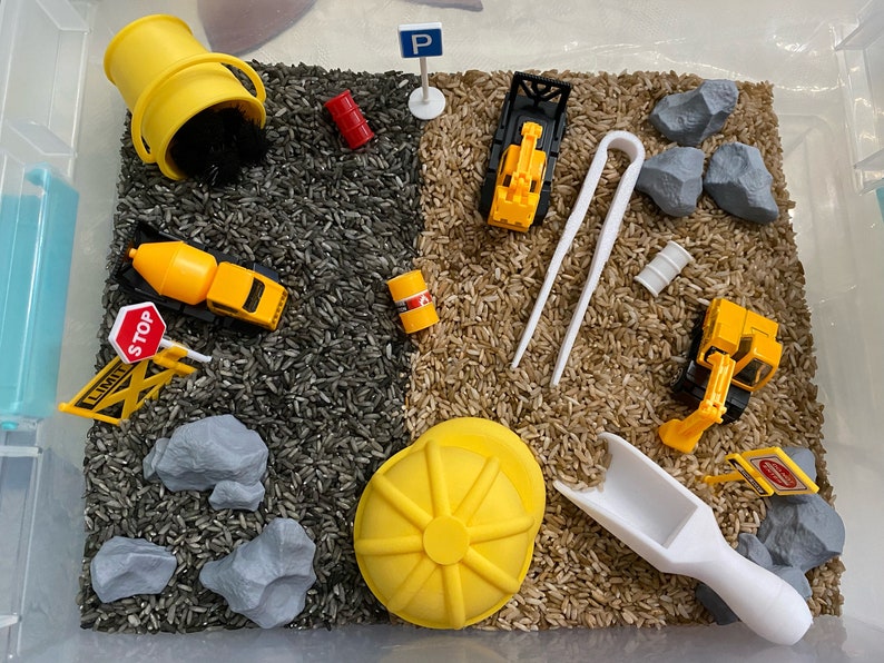 Construction Sensory Bin - Montessori Play Kit for Kids | Pretend Play | Flisat Filler | Busy Bin