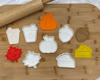 Thanksgiving and Fall Cookie Cutters & Embosser/Stamp Set – Pumpkin, Leaf, Acorn, Latte, Pie – Autumn Baking Fun with Fondant and Playdough!
