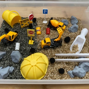 Construction Sensory Bin - Montessori Play Kit for Kids | Pretend Play | Flisat Filler | Busy Bin