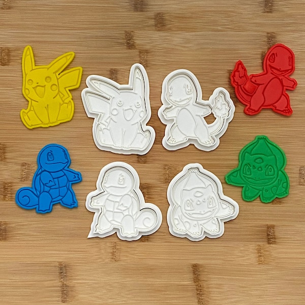 4-Piece Pokemon Cookie Cutters & Stamp Set - Pikachu, Charmander, Bulbasaur, Squirtle - Baking Fun with Fondant and Playdough - Ideal Gift