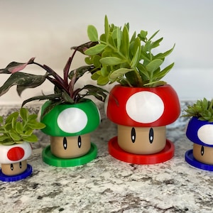 May include: Four mushroom-shaped planters in different colors, green, red, blue, and purple, with white spots. Each planter has a small face with eyes and a mouth. The planters are filled with small plants.