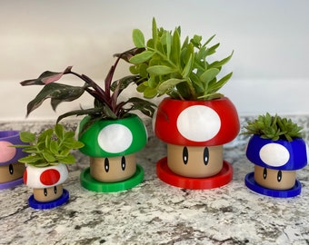 May include: Four mushroom-shaped planters in different colors, green, red, blue, and purple, with white spots. Each planter has a small face with eyes and a mouth. The planters are filled with small plants.