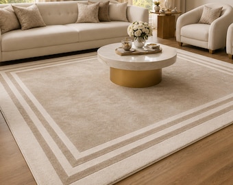 Hand Tufted Neutral Wool Rug Modern Beige Double Border Carpet for Bedroom Living Room