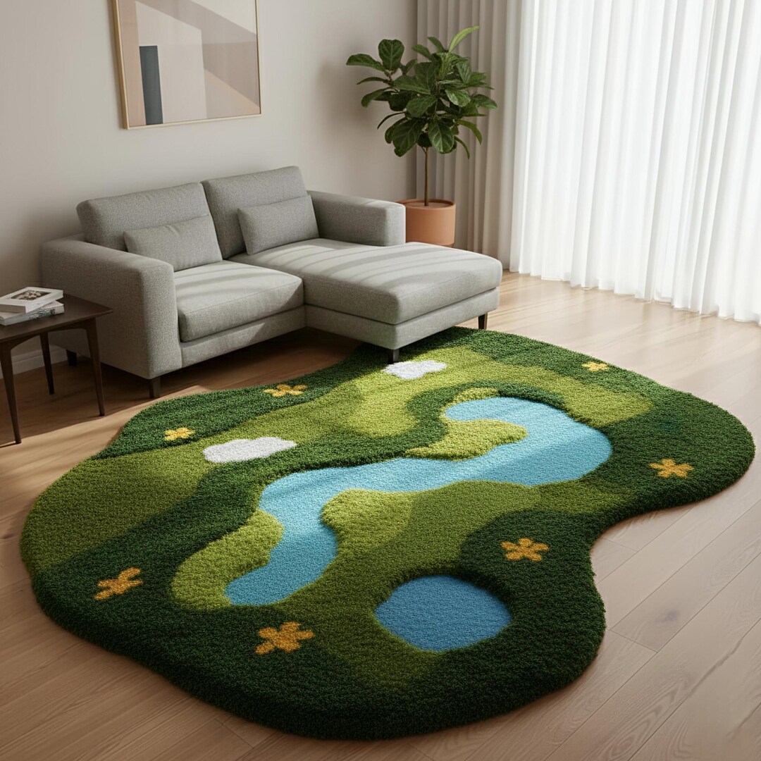 Handmade Moss Meadow Tufted Rug - 3D Forest Landscape Green River ...