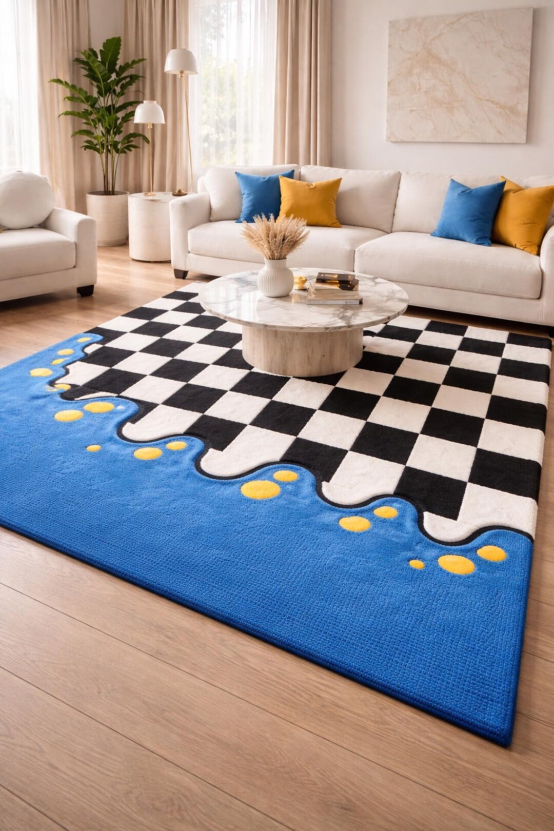 Modern Checkered Tufted Rug Blue Abstract Border Soft Plush Area Rug ...