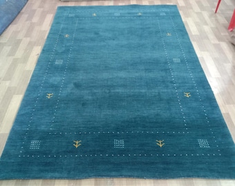 Teal Blue Gabbeh Wool Area Rug | Handmade Modern Rug | 9x12 | 8x10 | 6x9