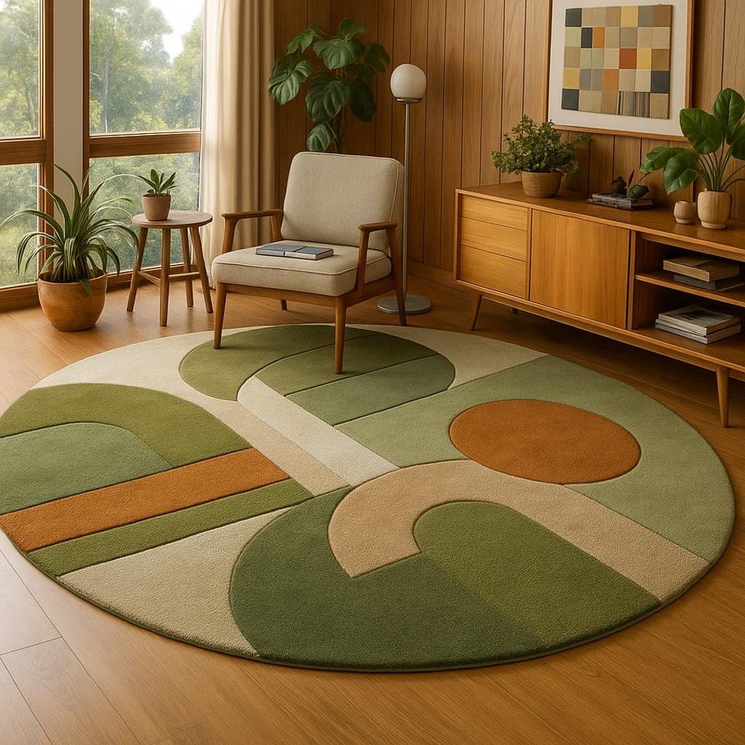Abstract Art Deco Moss Green Wool Rug | Geometric Circle Design | 6x6 ...
