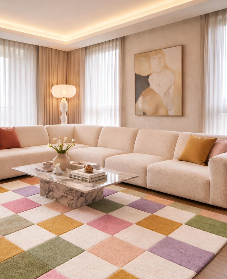 Pastel Color Rug Pastel Checkerboard Tufted Rug Handmade Plush Area Rug for Modern ...
