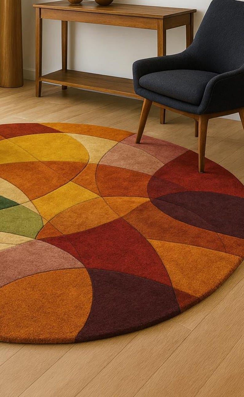 Warm Tones Round Abstract Rug | Modern Geometric Design for Living Room ...