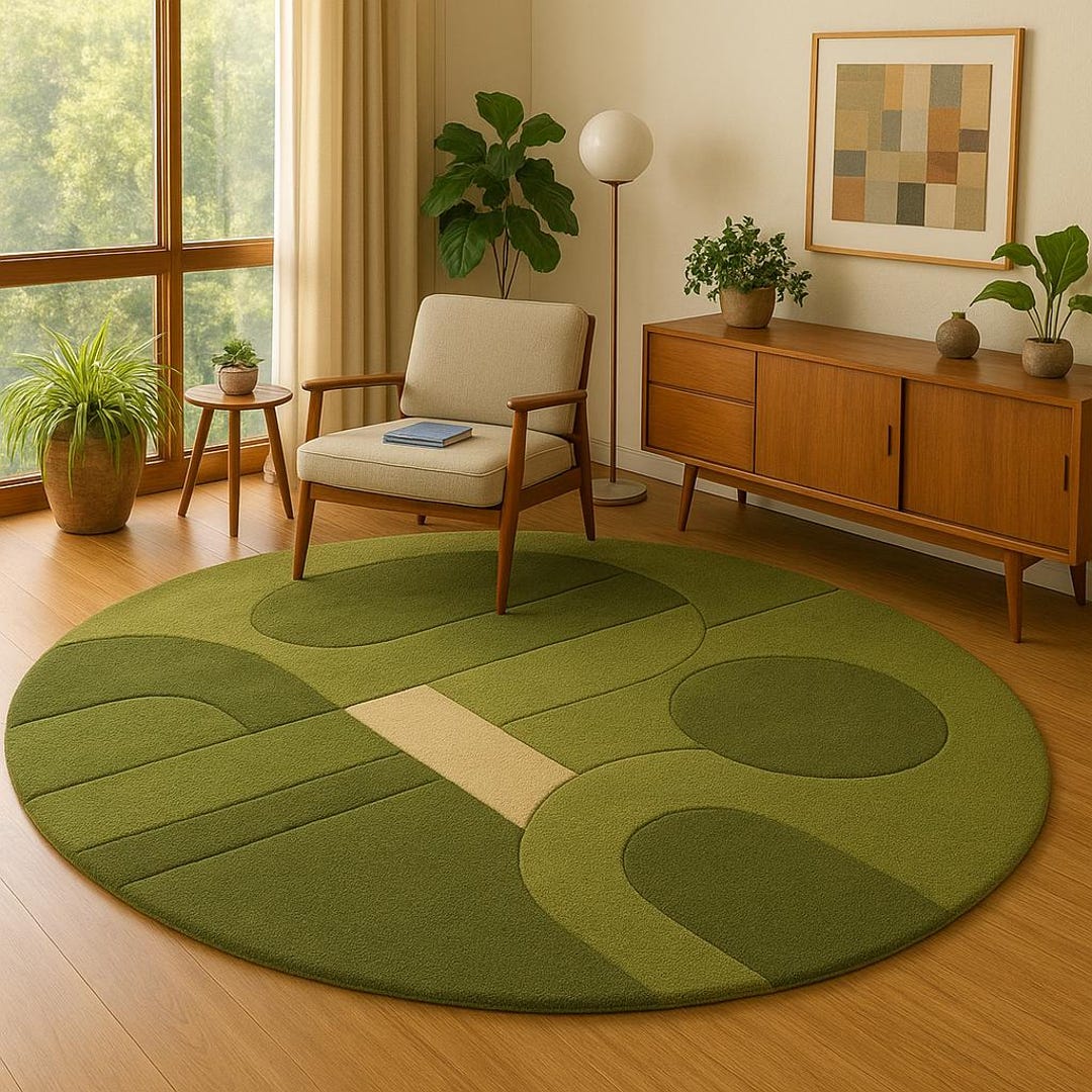 Abstract Moss Green Round Area Rug | Nature Tones Circular Carpet | 8x8 ...
