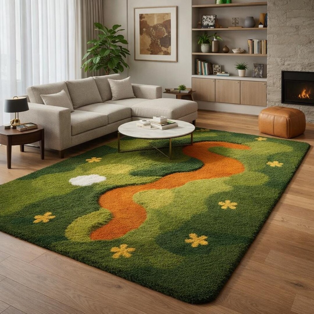Organic Green Rug Biophilic Moss Green Statement Rug, Organic Modern Shag Area Carpet 5x8 ...
