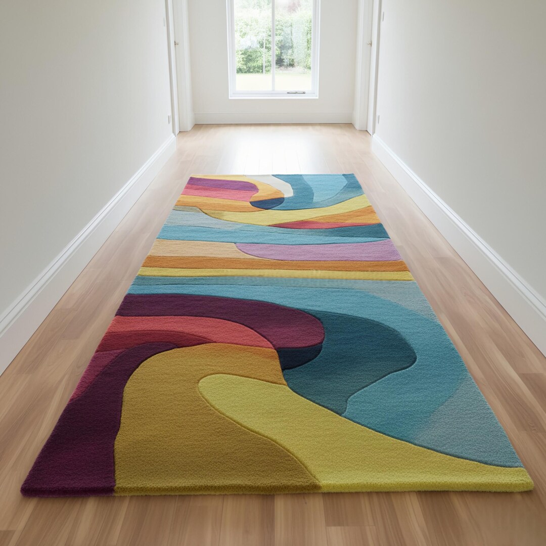 Vibrant Abstract Hallway Runner Rug | Multi-color Swirl Wave Design ...