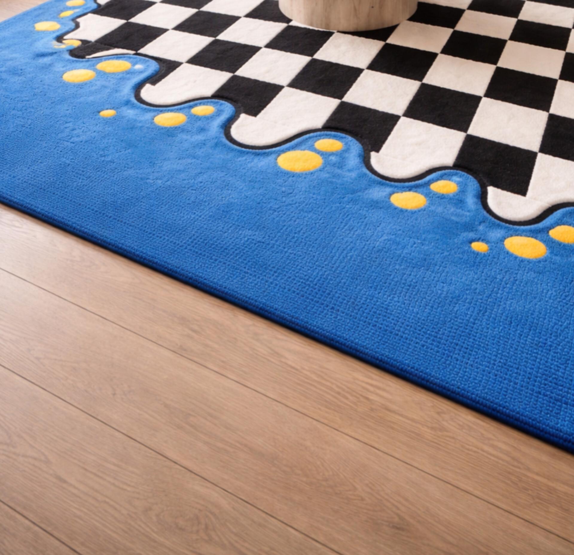Tufted Check Rug Modern Checkered Tufted Rug Blue Abstract Border Soft Plush Area Rug ...