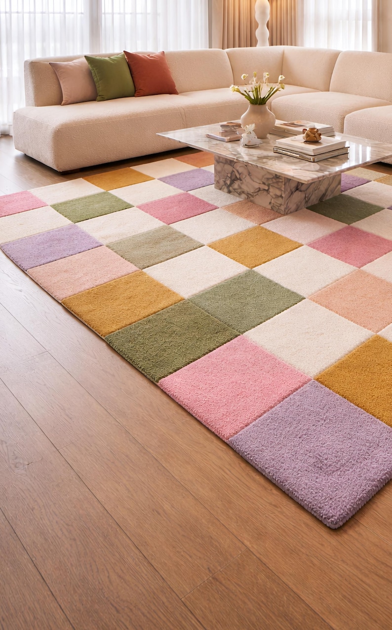 Pastel Checkerboard Tufted Rug Handmade Plush Area Rug for Modern ...