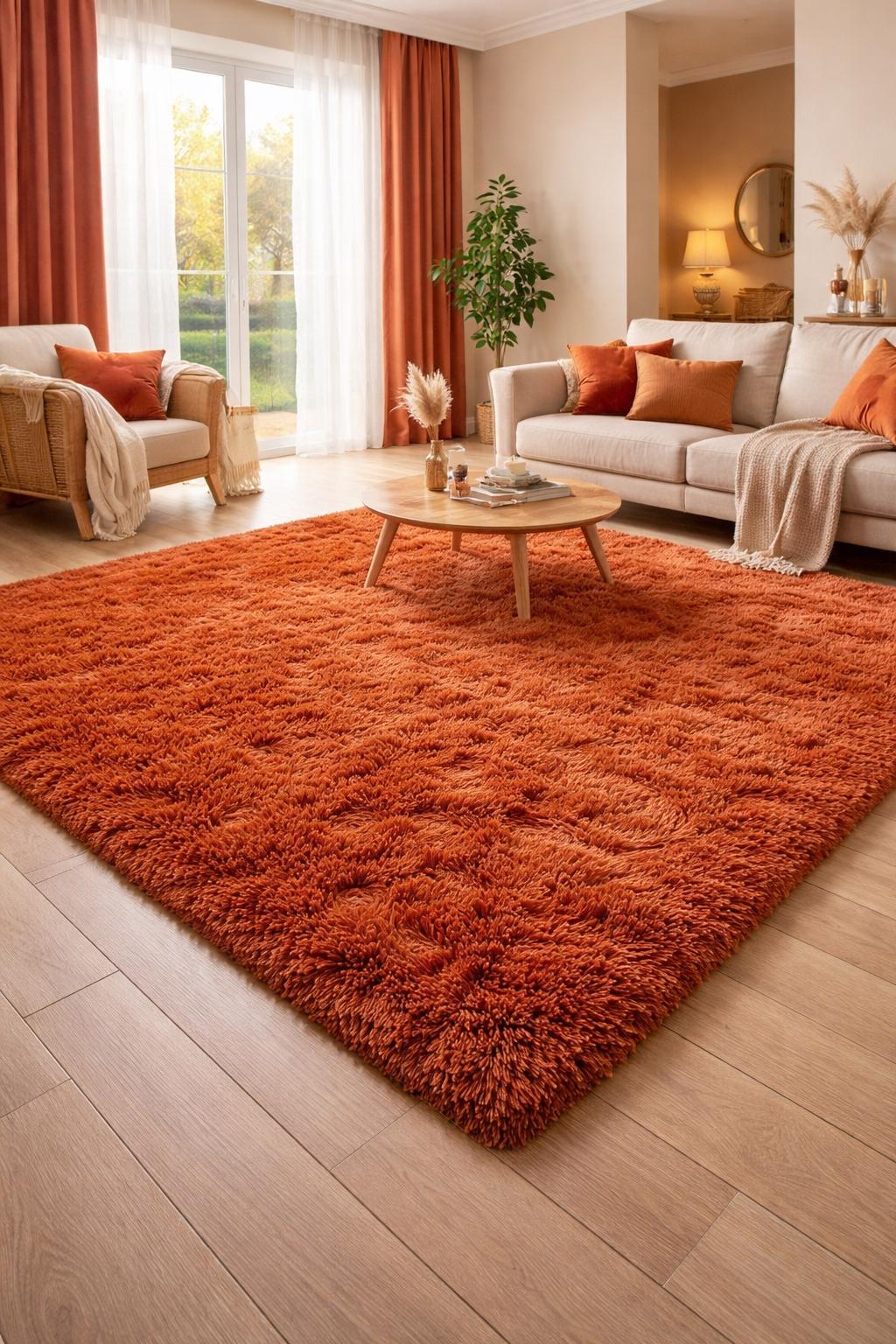 Hand Tufted Shag Rug | Rust Wool High Pile Carpet for Living Room ...