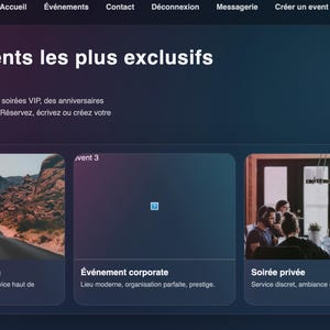 May include: A website interface with a dark blue and purple gradient background. The text "Event Luxe" is at the top, with navigation options. The main text reads "Les événements les plus exclusifs en un clic." Below are event categories with images.