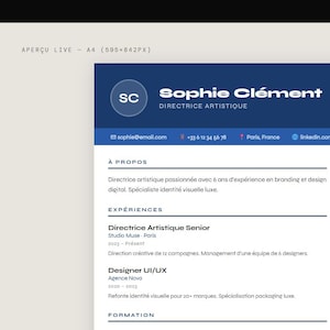 Peut inclure: Une interface de modèle de CV numérique présentant un en-tête bleu foncé avec le nom Sophie Clément et le titre Directrice Artistique. La mise en page comprend des sections pour les informations personnelles, l'expérience professionnelle et les compétences.