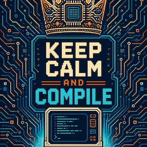 Peut inclure: Une illustration numérique présentant une couronne en pixel art au-dessus du texte KEEP CALM AND COMPILE, placé au-dessus d'un ordinateur portable affichant du code. Le fond est un motif de circuit imprimé bleu foncé avec des lignes lumineuses.