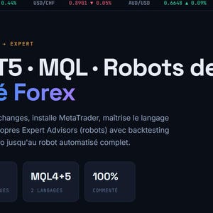 May include: A dark interface displaying a trading course titled MT4 / MT5 • MQL • Robots de Trading & Marché Forex. It includes text about MetaTrader, MQL5, and Expert Advisors, with summary boxes showing 23 sections, 2 case studies, MQL4+5, and 100% commented.