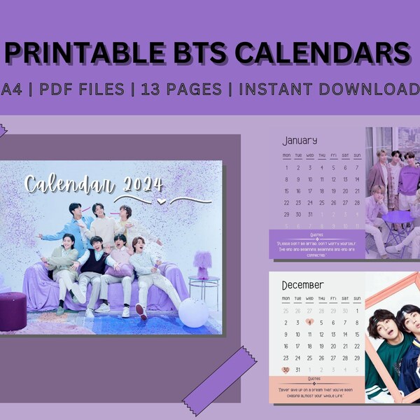 BTS Calender 2024 | BTS Digital Calender | Desk and Wall Calender | Mini Calendar | BTS Notes | Printable | Instant Download | Pdf |A4