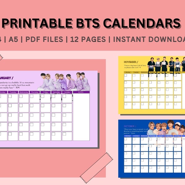 BTS Undated Calendar|A4, A5 | PDF | BTS Digital Calendar | Desk and Wall Calendar | Printable | Instant Download