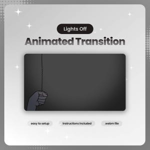 May include: An animated transition graphic featuring the text Lights Off and Animated Transition. A dark rectangular frame shows a hand pulling a vertical chain. Below the frame, three labels read easy to setup, instructions included, and .webm file.
