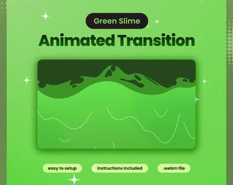 以下が含まれることがあります： Green Slime Animated Transitionというテキストが記載されたデジタルグラフィック。中央には、明るい緑色の背景に白い星のアクセントが施され、暗い緑色のスライムが滴るエフェクトの長方形のプレビューが表示されています。下部にはeasy to setup、instructions included、.webm fileという3つのラベルがあります。