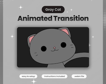 May include: A digital graphic featuring a gray cat animated transition. The text reads Gray Cat Animated Transition, easy to setup, instructions included, and .webm file. The design includes a cartoon gray cat with pink ears on a dark background.