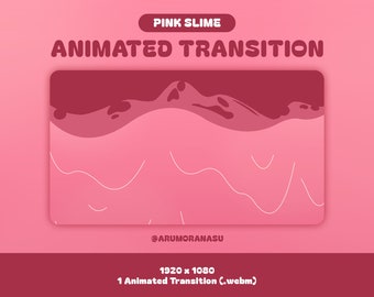 Könnte beinhalten: Rosa animierte Übergrafik mit dem Text "PINK SLIME ANIMATED TRANSITION". Die Grafik hat ein rosa und kastanienbraunes Farbschema mit einem wellenförmigen Design. Der untere Teil der Grafik enthält den Text "1920 x 1080 1 Animated Transition (.webm)".