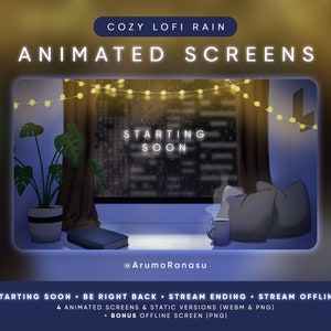 Cozy Lo-fi Rain - Animated Stream Screens | Twitch Screens: Starting Soon, Be Right Back, Stream Ending, Stream Offline, OBS Assets, YouTube