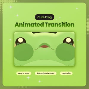 Może przedstawiać: Jasnozielona grafika cyfrowa przedstawiająca stylizowaną twarz żaby z dużymi ciemnymi oczami i okrągłymi policzkami. Tekst brzmi Cute Frog Animated Transition, easy to setup, instructions included oraz .webm file na jasnozielonym tle.