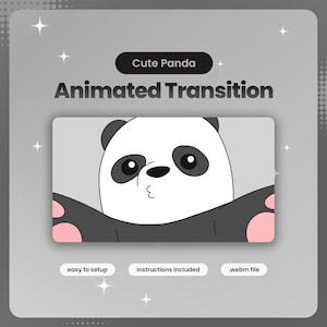 May include: A digital graphic featuring a cartoon panda with black and white fur and pink paw pads. The text reads Cute Panda Animated Transition, easy to setup, instructions included, and .webm file. The design is set against a gray background.