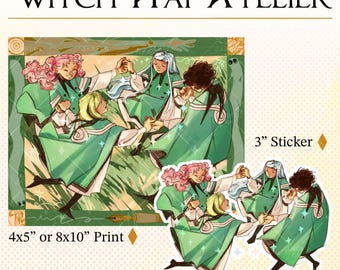 Może przedstawiać: Ilustracja postaci w zielonych szatach tańczących, z różowymi, białymi i blond włosami. Obraz jest oznaczony jako "Witch Hat Atelier" i zawiera wydruk 4x5" lub 8x10" oraz naklejkę 3".
