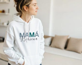 Pull à capuche unisexe classique Mamá Boricua | Gildan® 18500 Blanc