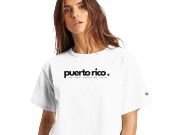 Porto Rico | T-shirt court à col rond Heritage pour femmes de marque Champion | Blanc | Aspect moderne | Exclusivité PASAMELASAL