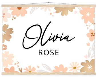 Art floral personnalisé pour chambre de bébé - Nom personnalisé imprimé, cintre en bois